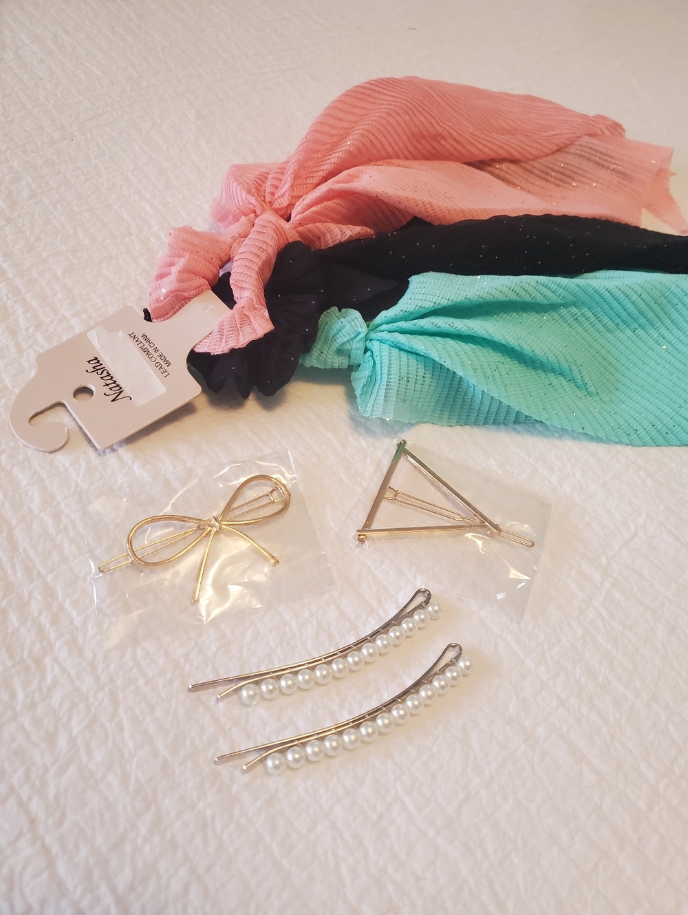 Hair Accessory Lot -Gold-tone Bow Clips, Pearl Bobby Pins, Scarf Scrunchie Trio